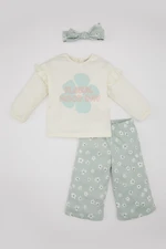 DEFACTO Baby Girl Floral Long Sleeve T-shirt Pants Headband 3-Piece Set