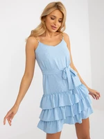 Light blue mini dress with ruffles and tie