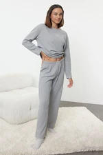 Trendyol Grey Melange Slogan Label Detailed Waffle Fabric Knitted Pajama Set