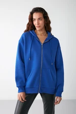 GRIMELANGE Alena Women's Basic Kangaroo Pocket Oversize Organic Cotton Zippered Hooded Saks Blue Sweatshirt