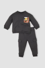 DEFACTO Baby Boy Crew Neck Printed Sweatshirt Elastic Waist Cargo Pocket Tracksuit Bottoms 2-Piece Set