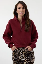 Trendyol Claret Red Casual Cut Crop Zippered Stand Collar Thick Polar Fleece Knitted Sweatshirt