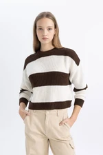 DEFACTO Women's Cool Oversize Wide Pattern Crew Neck Striped Knitwear Sweater