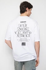 Trendyol White Oversize / Wide Cut Raised Text Printed 100% Cotton T-Shirt