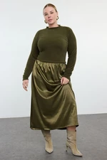 Trendyol Curve Khaki Midi Length Satin Woven Mix Knitwear Dress