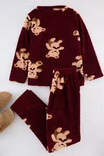 Trendyol Claret Red Teddy Bear Wellsoft Knitted Pajama Set