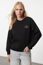 Trendyol Black Slogan Embroidered Oversize/Wide Fit Thick Inside Fleece Knitted Sweatshirt