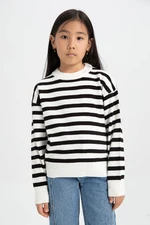 DEFACTO Girl Black White Striped Standard Fit Crew Neck Basic Plain Knitwear Sweater