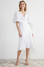 Trendyol Ecru A-Cut Balloon Sleeve Woven Dress with Stone Back Accessories