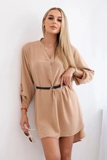 Women's dress with a longer back and belt - beige camel