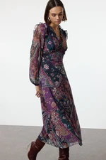 Trendyol Purple Shawl Pattern Waist Opening Ruffle Maxi Lined Woven Dress