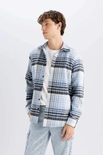 DEFACTO Men's Light Blue Regular Fit Regular Cut Polo Collar Plaid Lumberjack Flannel Long Sleeve Shirt