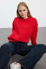 Trendyol Red Slogan Embroidered Oversize Pattern Thick Inside Fleece Knitted Sweatshirt