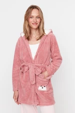 Trendyol Powder Belted Animal Figured Pocket Hooded Wellsoft Winter Knitted Dressing Gown