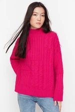 Trendyol Fuchsia Oversize Knit Detailed Knitwear Sweater