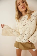 Happiness İstanbul Women's Cream Diamond Patterned Openwork Knitwear Sweater