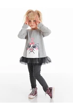 Denokids Cute Cat Cat Girl Child Gray Frilled Tunic Anthracite Gray Leggings Set.