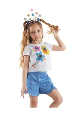 Mushi Gozler Girl Child White Crop Top T-shirt with Blue Shorts Summer Suit.