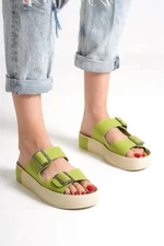 Capone Outfitters Capone Double Straps Belt with Buckle Pistachio Wedge Heels Pistachio Women's Slippers.