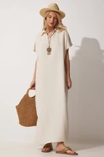 Happiness İstanbul Women's Cream Long Summer Linen Dress with a Necklace