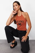 Trendyol Orange Barbell Neck Slogan Printed Blouse Knitted Undershirt