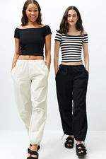 Trendyol 2 Pack Black White Striped-Black Plain Carmen Collar Crop Stretchy Knitted Blouse