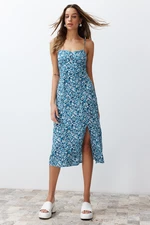 Trendyol Blue Floral Print Straight Cut Back Detailed Woven Dress