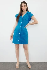 Trendyol Indigo Button Detailed Gabardine Mini Woven Shirt Dress