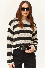 Olalook Women's White Black Crew Neck Striped Openwork Seasonal Knitwear Blouse