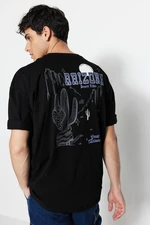 Trendyol Black Oversize/Wide Cut Tropical Arizona City Printed 100% Cotton T-Shirt