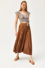 Olalook Milk Brown Leather Look A-Line Pleat Skirt