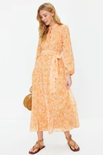 Trendyol Light Orange Patterned Belted High Neck Lined Chiffon Woven Dress