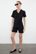 Trendyol Black Polo Neck Short Sleeve Ribbed Flexible Knitted Blouse Shorts Bottom-Top Set