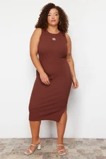 Trendyol Curve Brown Embroidery Detailed Camisole Midi Knitted Plus Size