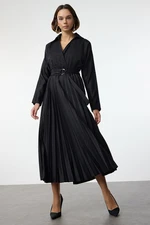 Trendyol Black Belted Skirt Pleated Double Breasted Collar Maxi Woven Dress