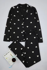 Trendyol Black 100% Cotton Heart Patterned Knitted Pajama Set