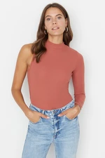 Trendyol Cinnamon Stand Collar Cutout Detail Single Sleeve Ribbed Flexible Knitted Snap Button Body