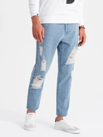 Ombre Men's TAPERED FIT denim pants with holes - light blue