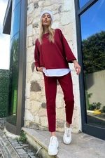 Trend Alaçatı Stili Women's Burgundy Crew Neck Garnished Blouse & Double Pocket Ribbed Stitched Trousers Set