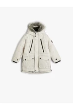 Koton Furry Hooded Coat with Flap Pockets Zipper Detailed Wind Protection