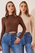 Happiness İstanbul Women's Brown Cream 2 Pack Ribbed Turtleneck Crop Knitted Blouse