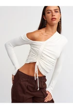 Dilvin 10369 Right Open Shoulder Gathered Sweater-ecru