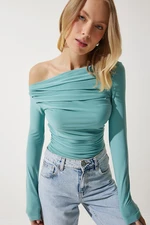 Happiness İstanbul Women's Aqua Green Flowy Collar Gathered Detailed Blouse