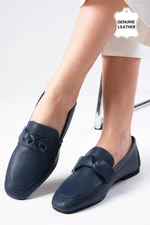 Mio Gusto Candy Genuine Leather Navy Blue Women's Blunt Toe Loafers with Bow Accessories