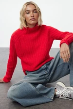 Trendyol Red Soft Textured Knit Detailed Stand Collar Seamless Knitwear Sweater