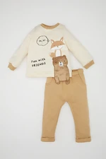 DEFACTO Baby Boy 2-Piece Set Printed Crew Neck Thick Sweatshirt Top Elastic Waist Bottom