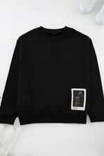 Trendyol Black Oversize/Wide Cut Crew Neck Art Theme Appliqued Inside Polar Fleece Sweatshirt