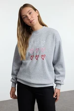 Trendyol Grey Melange Heart Embroidered Oversize/Wide Pattern Thick Inside Polar Fleece Knitted Sweatshirt