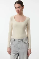 Trendyol Stone Slim Snap Button Pool Neck Long Sleeve Soft Fabric Flexible Knitted Bodysuit