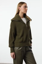 Trendyol Khaki Wide Cut Turn-down Collar Zippered Knitwear Cardigan